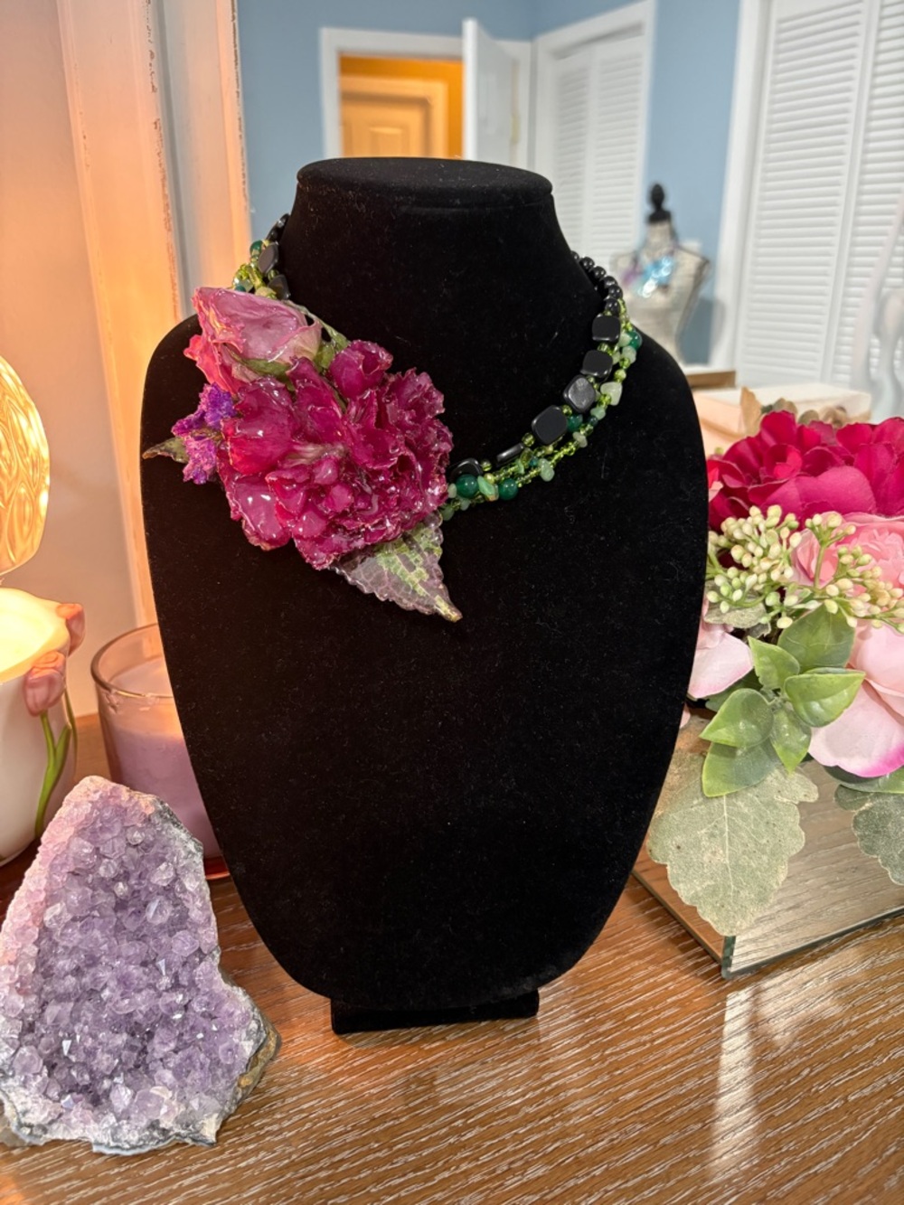 Floral Statement Necklace in Pink and Green - Designer Style - Picture 2 of 3